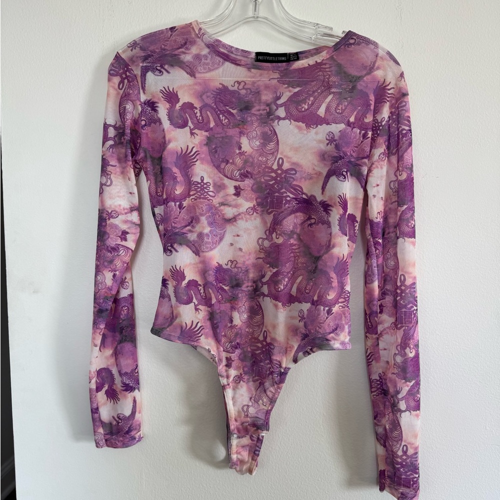 PrettyLittleThing Mesh Purple Dragon Graphic Bodysuit